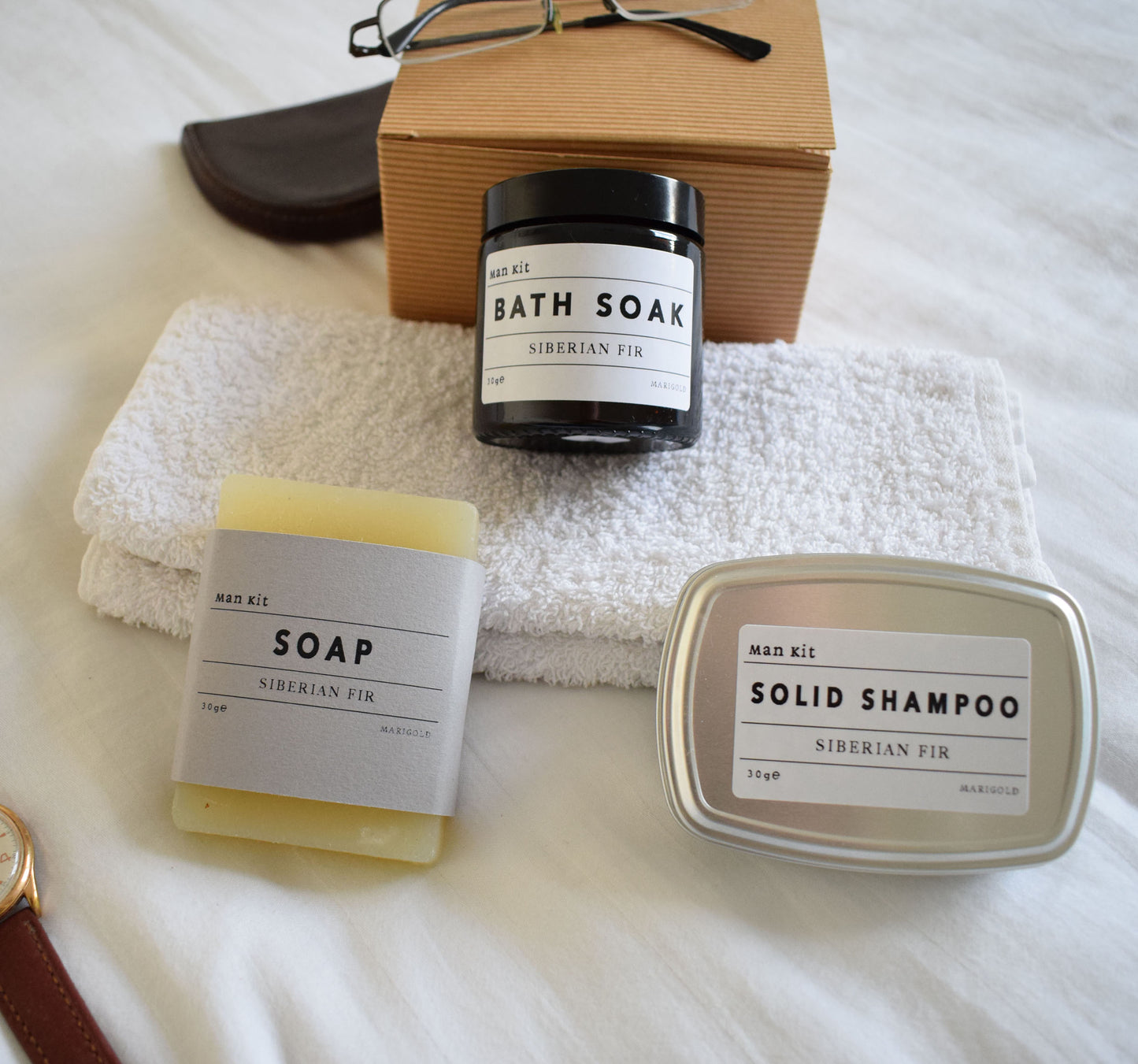 Marigold Charms Personalised Vegan Mens Grooming Gift Collection and box