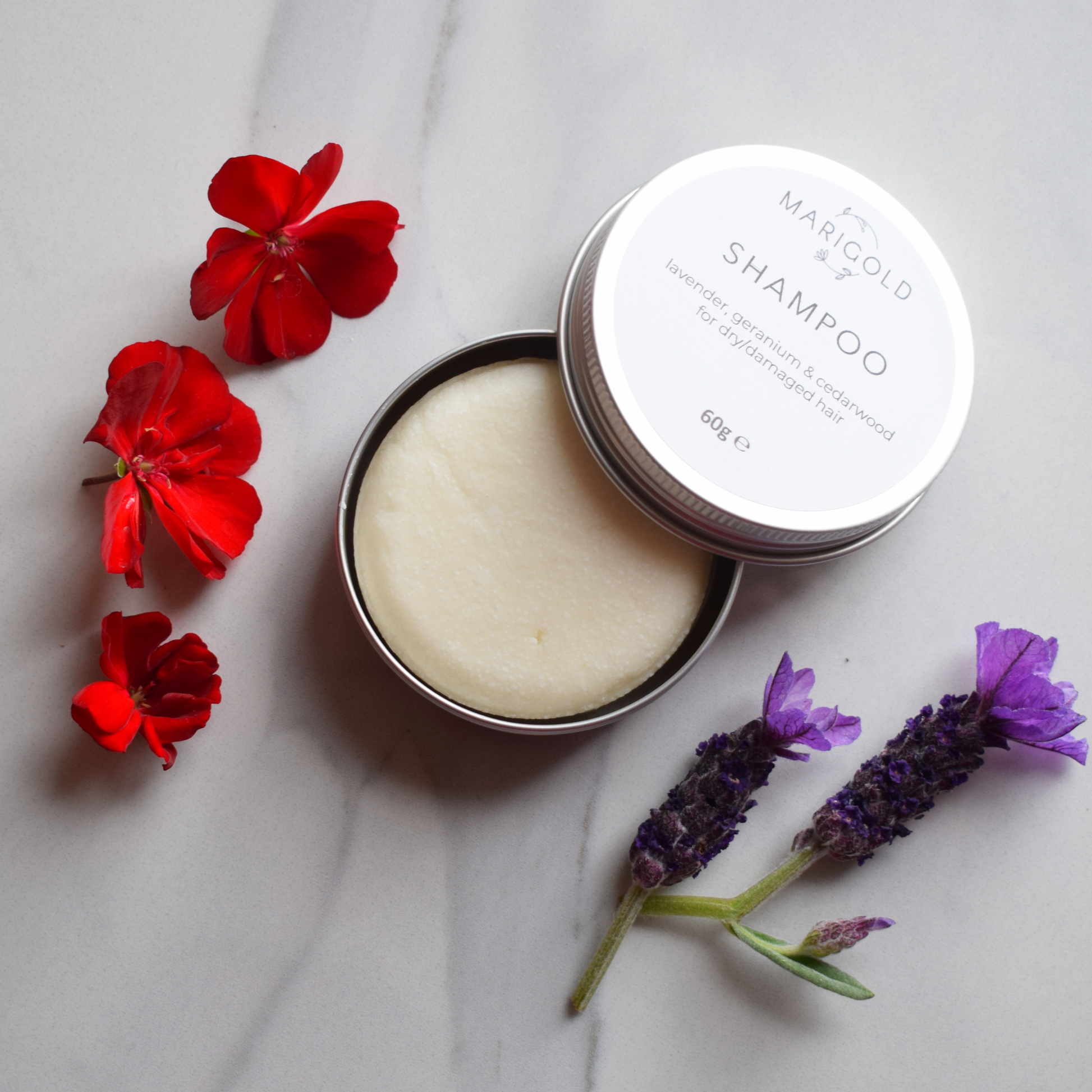 Lavender, Geranium & Cedarwood Solid Shampoo Bar open tin