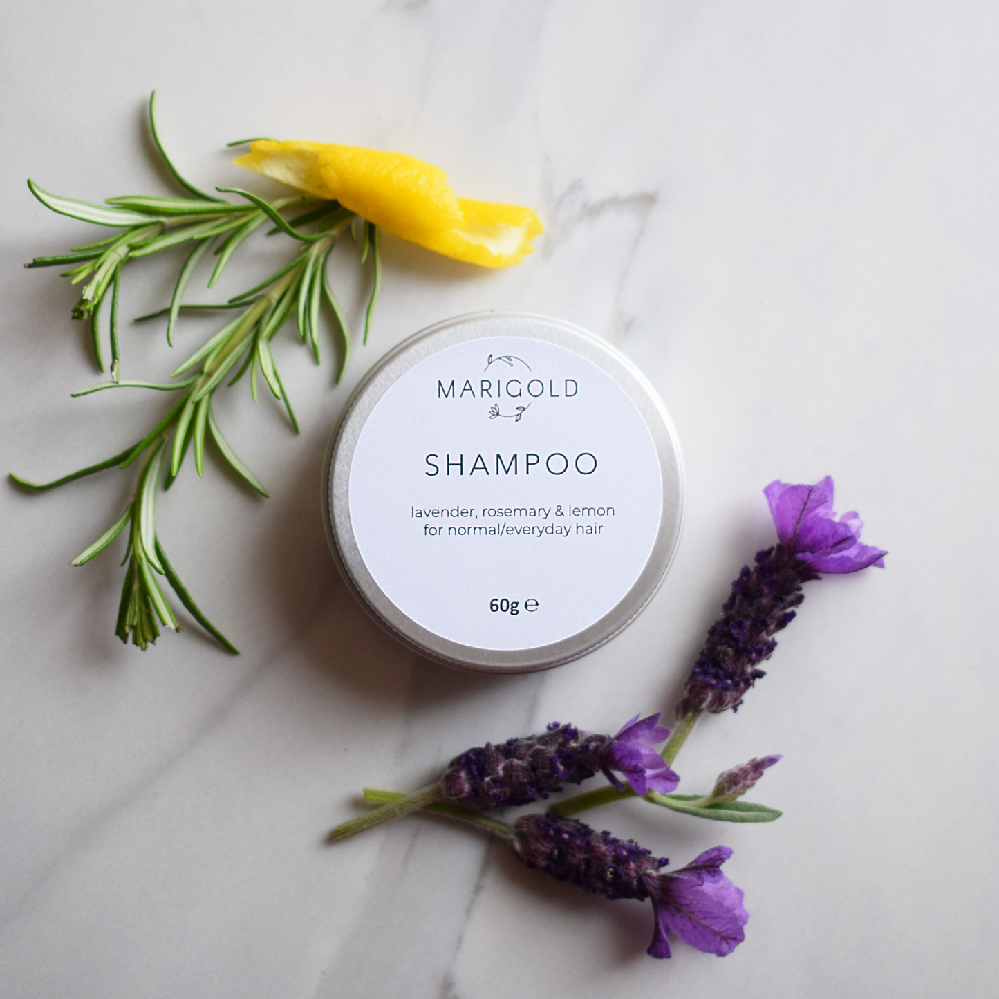 Lavender, Rosemary & Lemon Solid Shampoo Bar in closed tin