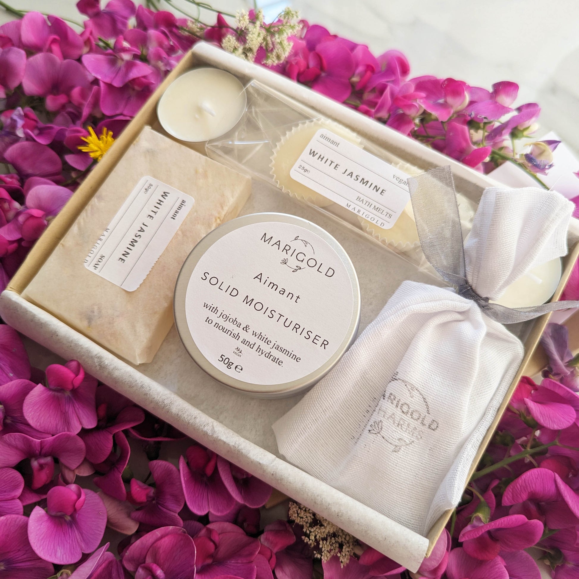 White Jasmine Sustainable Letterbox Spa Gift Set with flowers
