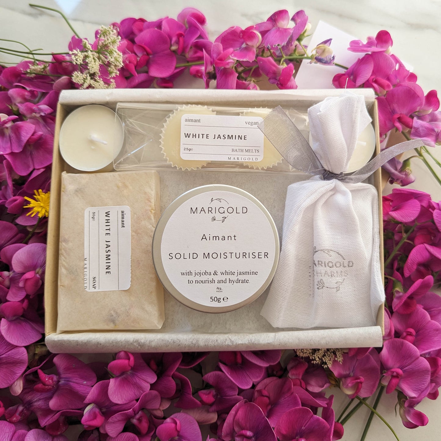 White Jasmine Sustainable Letterbox Spa Gift Set with blossom