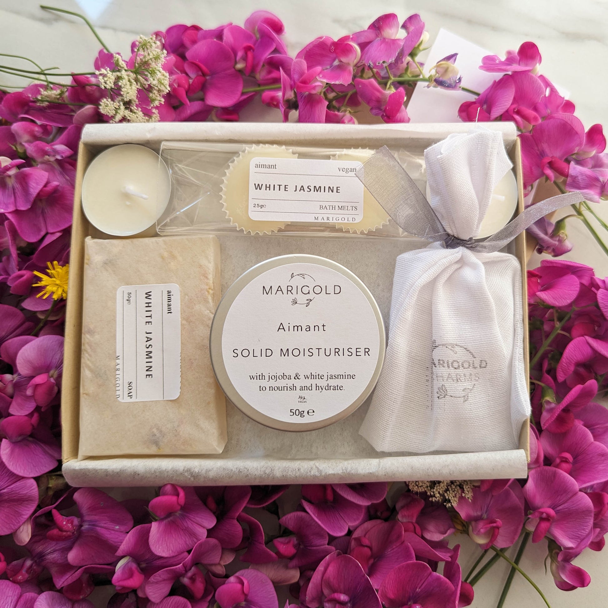 White Jasmine Sustainable Letterbox Spa Gift Set with blossom