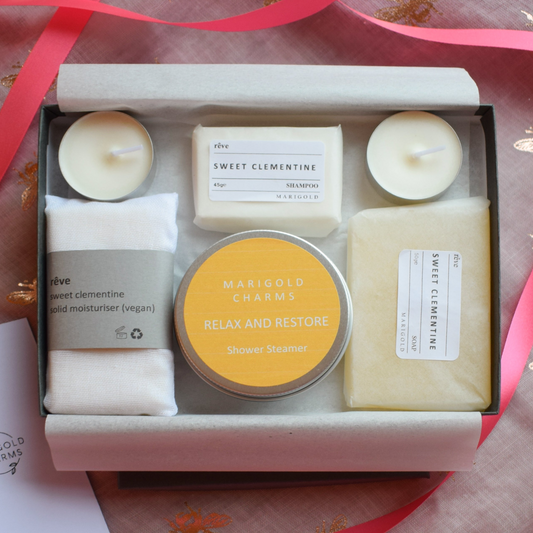 Vegan Organic Letterbox Shower Spa Gift Collection Sweet Clementine open box