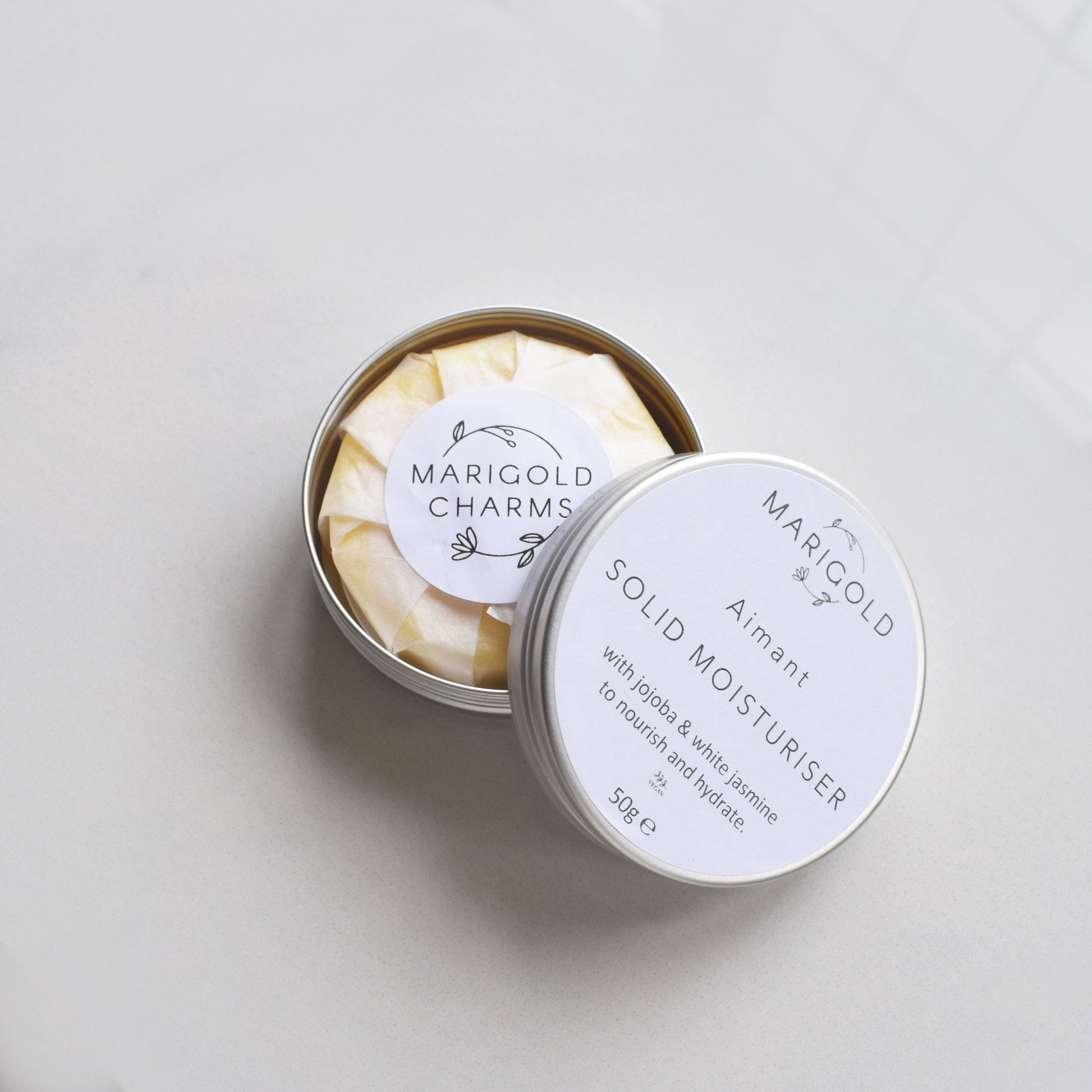 Marigold Charms Jasmine Vegan Solid Moisturiser Bar open tin
