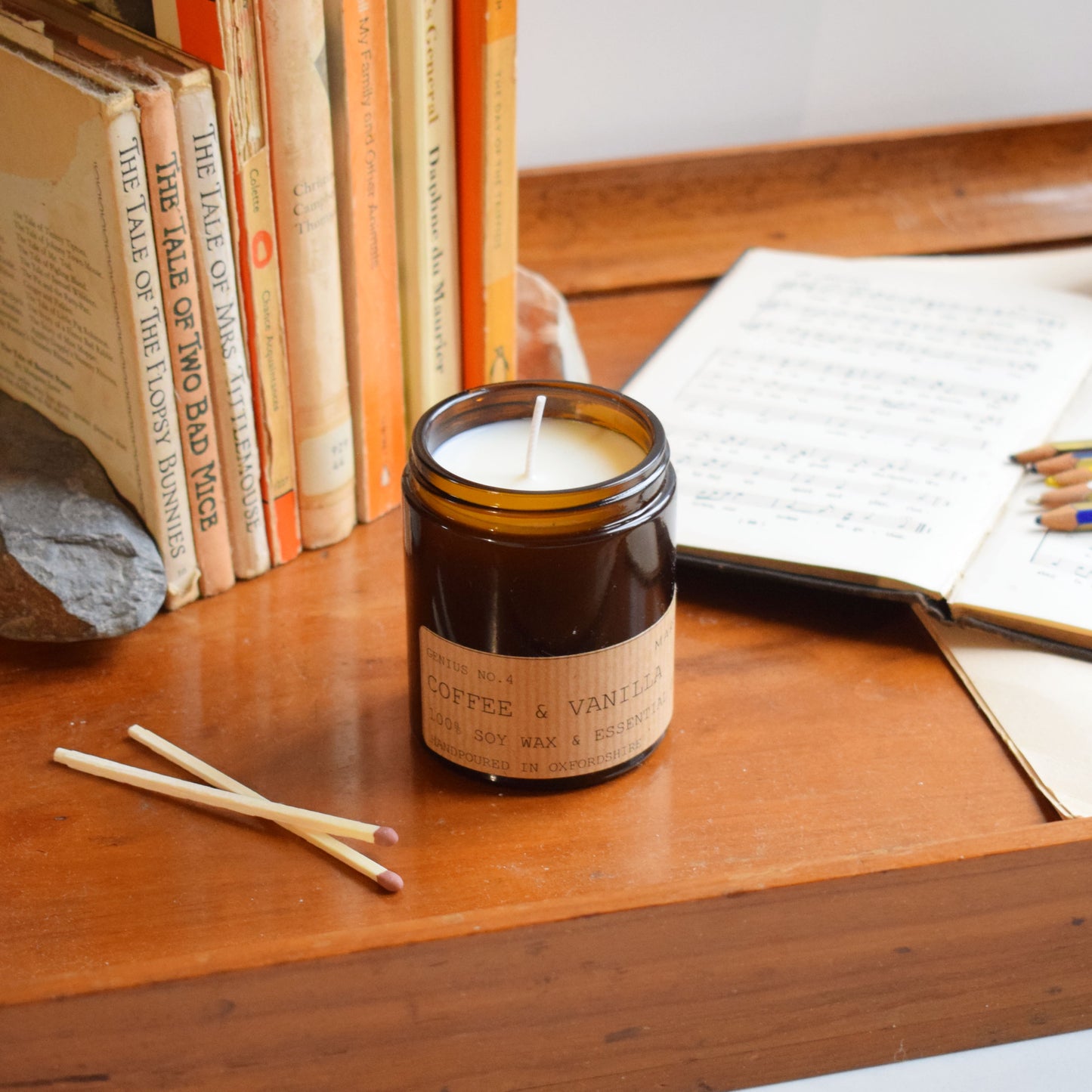 open 180ml coffee and vanilla eco soy wax candle with matches