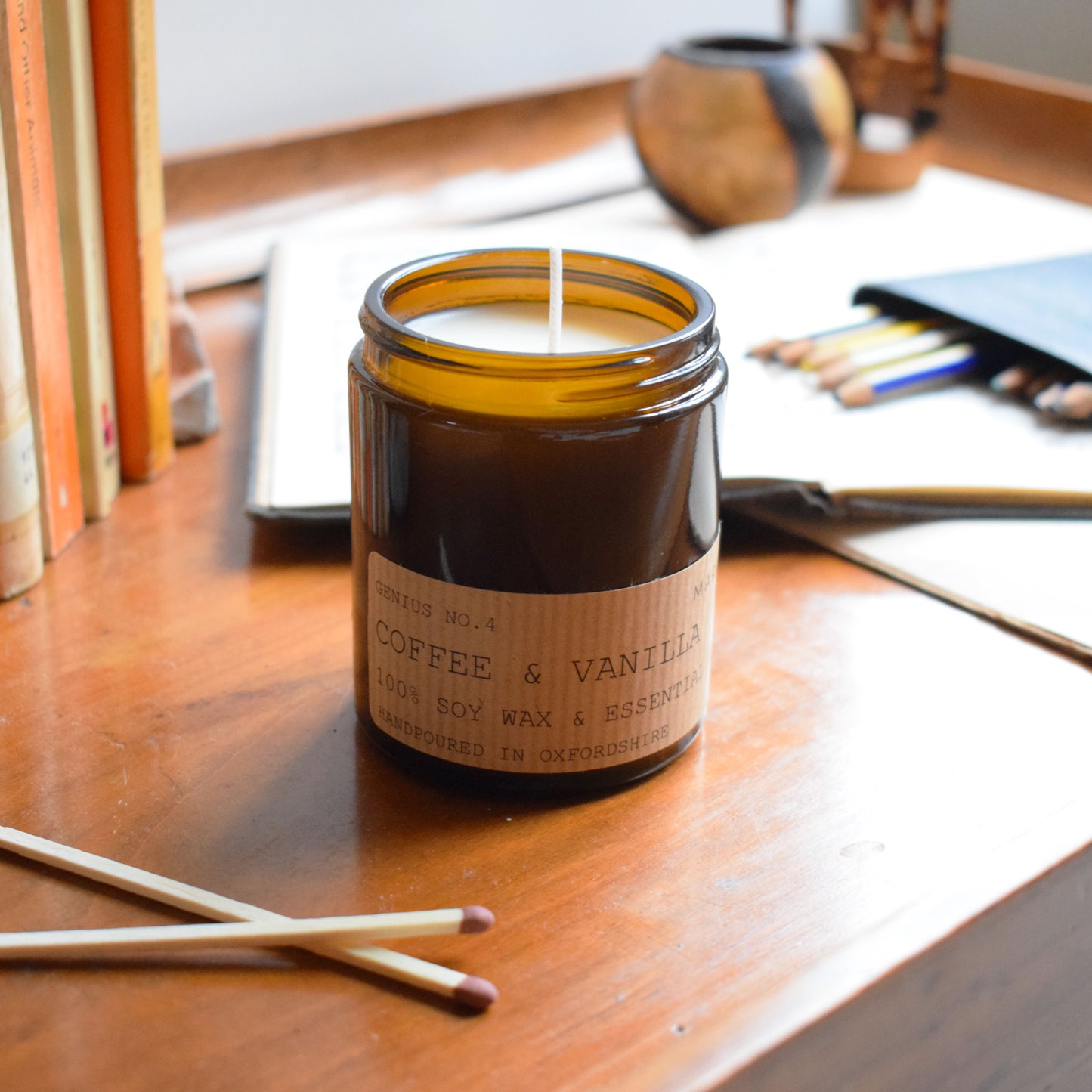 open 180ml coffee and vanilla eco soy wax candle with matches and pencils