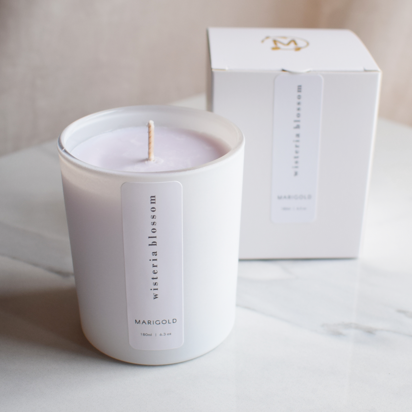 Wisteria Candle with box from an angle
