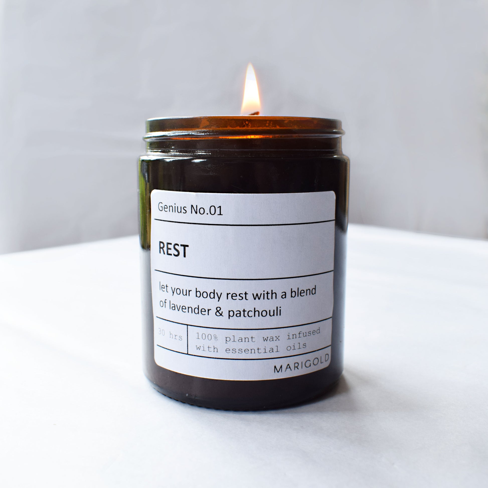 180ml Personalised 'Rest' Wellbeing lavender and patchouli scented Scented Candle lit