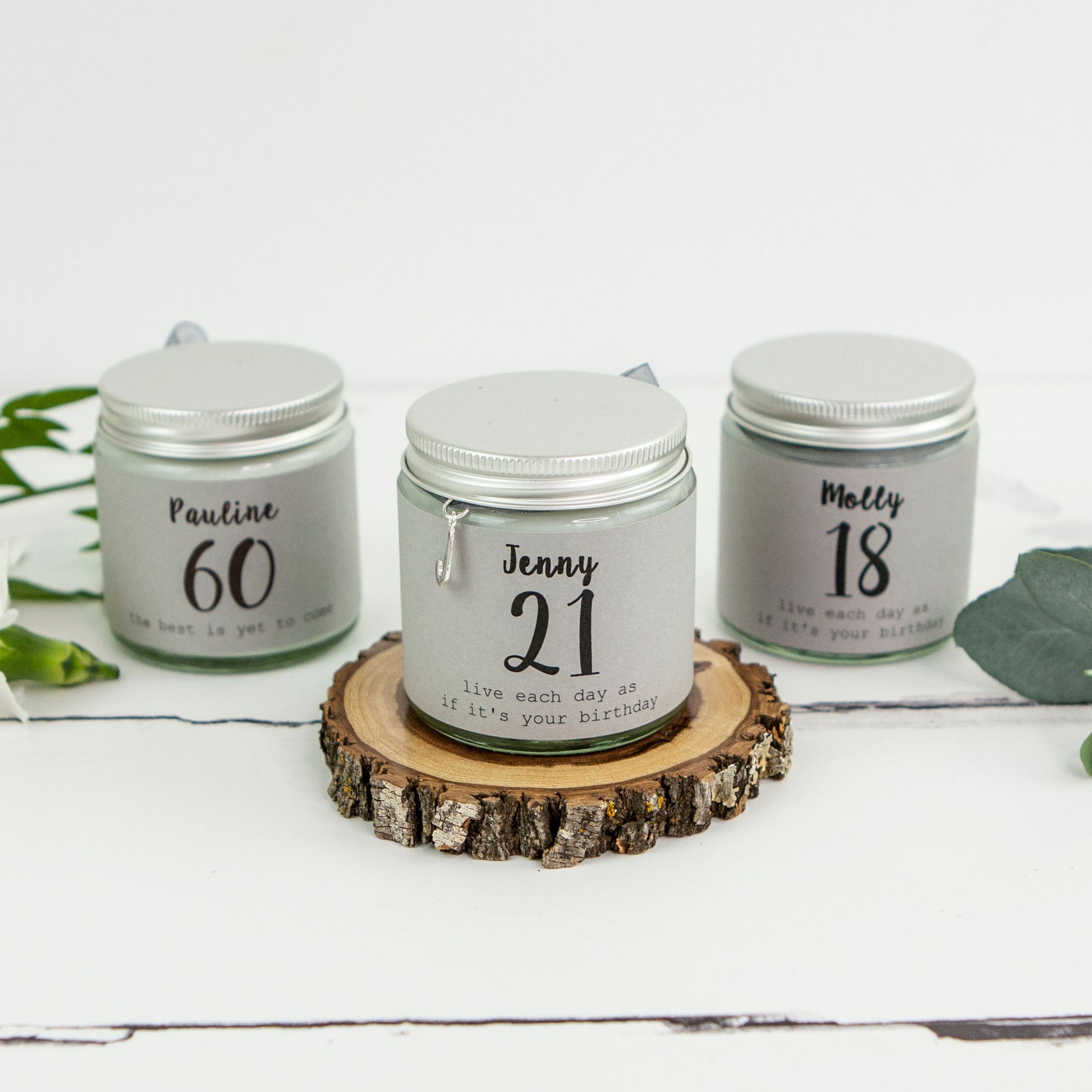 Personalised 21st Birthday Charm Soy Wax Sustainable Candle with charm with two other candles